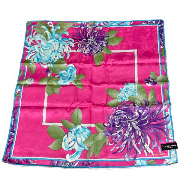 大判 花柄シルクハンカチ LEONARD レオナール ピンク 花柄
