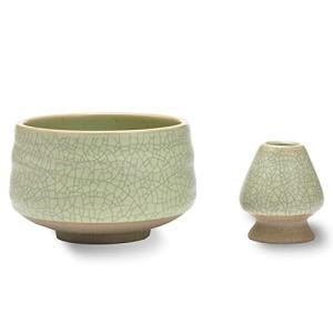 TEANAGOO 抹茶碗 同色茶筅立て 2点セット 薄緑黒糸 汝窯 510ml 径12.5CM Chawan Chasen 茶せん 茶筅休め 茶筅立て 曲直し