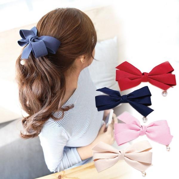 送料無料 3点以上50％オフ 対象商品 3重リボン バレッタ パール ヘアアクセ 幅広 ダブル リボ...