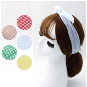 送料無料 ギンガム チェックが可愛いシフォンワイヤー うさ耳 カチューシャ ロカビリー リボン アメ...