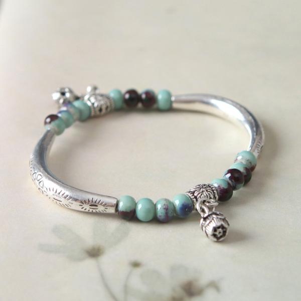 送料無料 陶磁器 ビーズ ブレスレット アンティーク調 陶器 磁器 メタル シルバー ブレス 大人可...