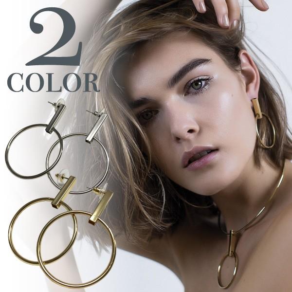 送料無料 モダン サークル ピアス メタル ゴールド シルバー シンプル 幾何学 リング ループ フ...
