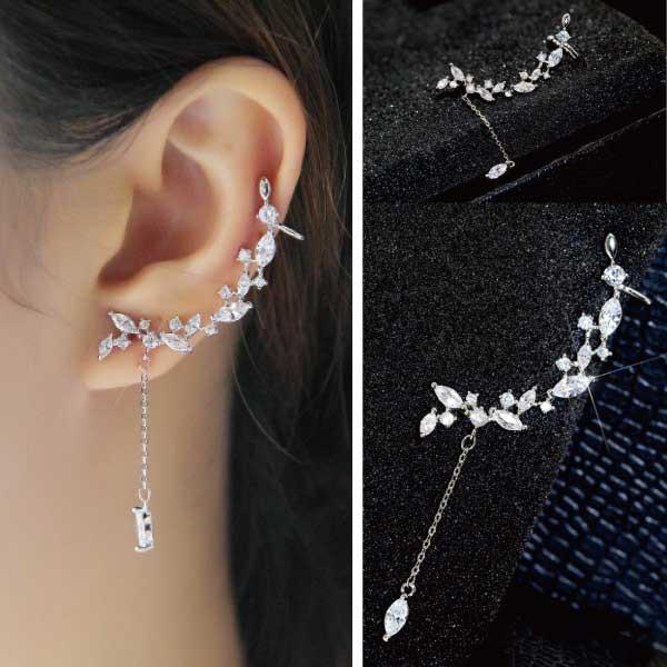 キラキラと上品な輝き リーフ ビジュー イヤーカフ ピアス シルバー シルバー レディース フォーマ...