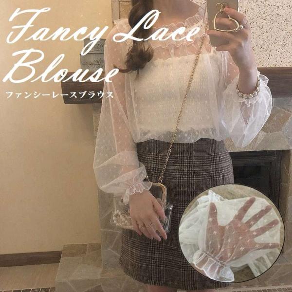 送料無料 ファンシー レース ブラウス シースルー 透け感 シアー素材 フリフリブラウス トップス ...