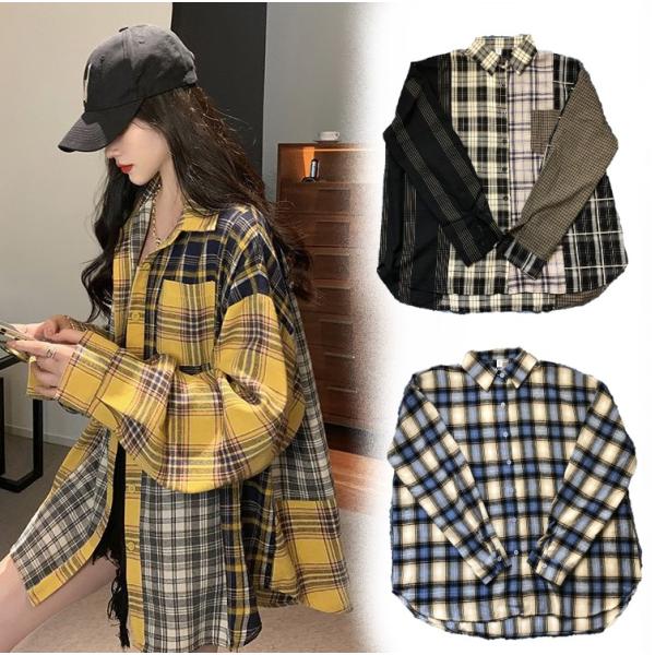 送料無料 レディース チェックシャツ トップス 長袖 大き目 ビッグシャツ チェック パッチワーク ...