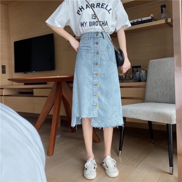 デニム スカート  ミモレ Aライン カジュアル アメカジ 学生 切りっぱなし 韓国 ジーンズ アシ...