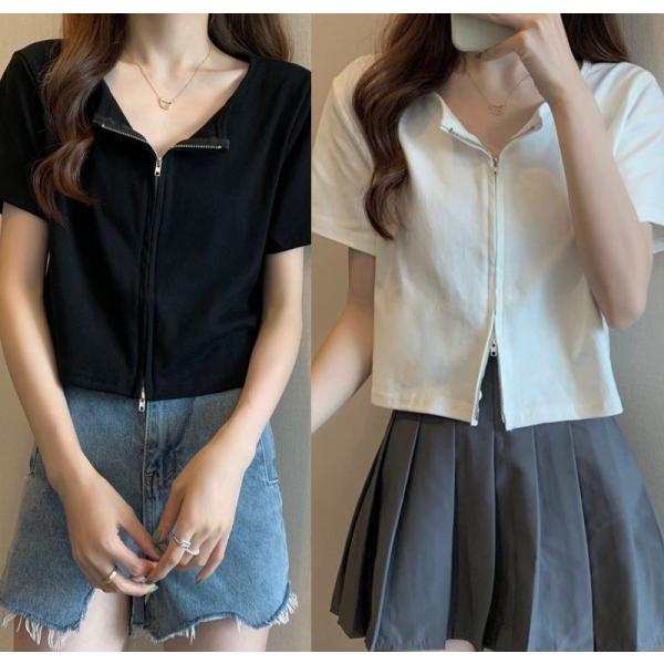 トップス Tシャツ 前ファスナー ダブルファスナー 薄手 2way 半袖 重ね着 白 黒 トップス ...