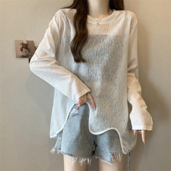 シアー トップス アシンメトリー 長袖 長め ロング丈 透け感 ホワイト  日焼け防止  レディース...