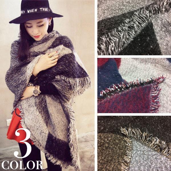 バイカラー フリンジ付き 大判 ストール マフラー ブランケット 男女兼用 防寒 リバーシブル ツイ...
