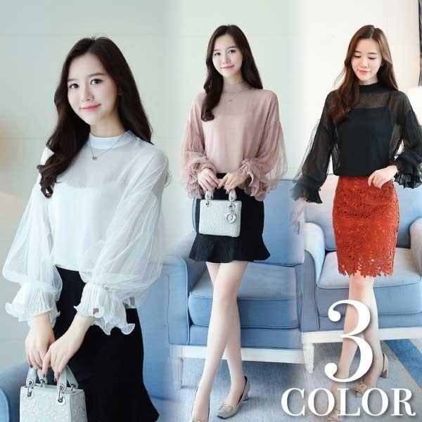 送料無料 お買い得 シフォン バルーンスリーブ ブラウス トップス ペールカラー シアー とろみ 透...