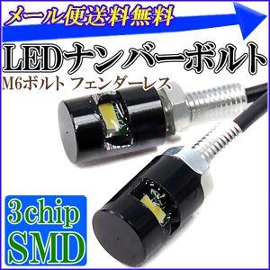 LEDナンバーボルト 2個セット ナンバー LED 発光カラー ホワイト 白 M6規格 ボルト 防水 12Vバイク 車用 ナンバー灯 ライト