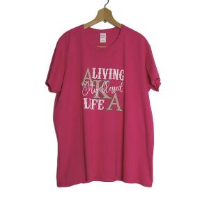 レディース 大きいサイズ Tシャツ LIVING LIFE プリントTシャツ 2ＸLサイズ ピンク色 GILDAN｜hurugiyaretro