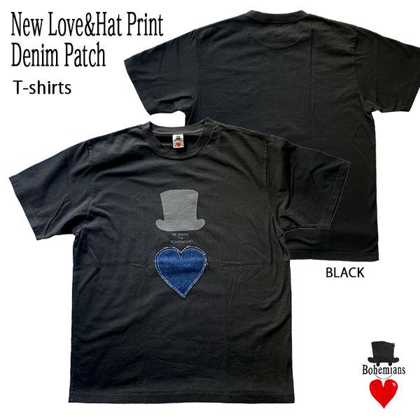 NEW LOVE ＆ HAT PRINT DENIM PATCH T-SHIRTS BLACK ボヘ...