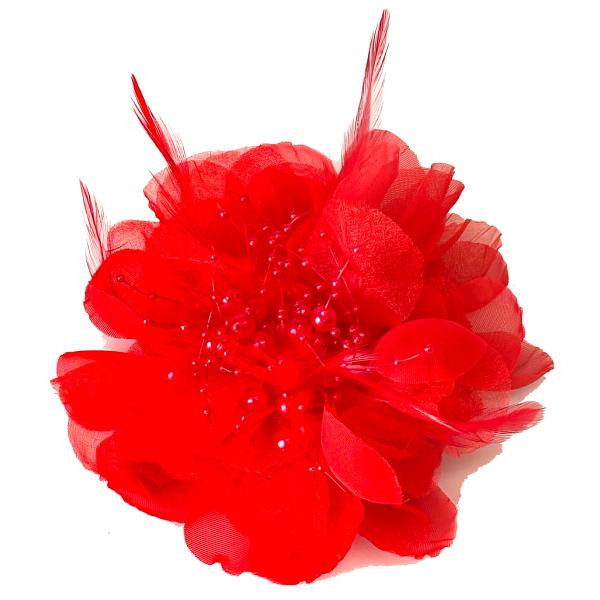 華やかコサージュ 大きめ オーガンジー 羽根飾り レッド 9e-03 フォーマル レディース 卒業式...