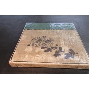 織部焼　鉄絵野菊文陶板　敷板　敷瓦　茶道具　陶器　陶芸　緑釉　アンティーク　