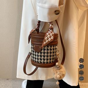 バケツ型 ショルダーバッグ 筒型バッグ レトロ 小さめ 2way鞄 ハンドバッグ 手提げかばん 千鳥柄 肩掛け