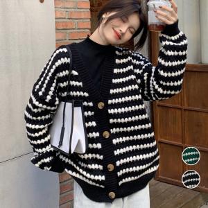 配色ボーダー柄ニットカーディガンVネック ニット羽織り 長袖 ドロップショルダー 秋冬カーデ ライトアウター