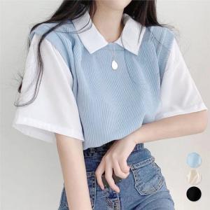半袖ニットtシャツ レイヤード風Ｔシャツ レディース 襟付きトップス バイカラーカットソー 切り替え