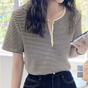 Tシャツ ヘンリーネック ボーダー柄 半袖 レディース レトロ ニットトップス 薄手カットソー カジュアル
