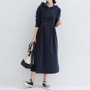 ワンピース ウエストタックパーカーワンピ レディース フード付き スウェットワンピ  ハイウエスト A