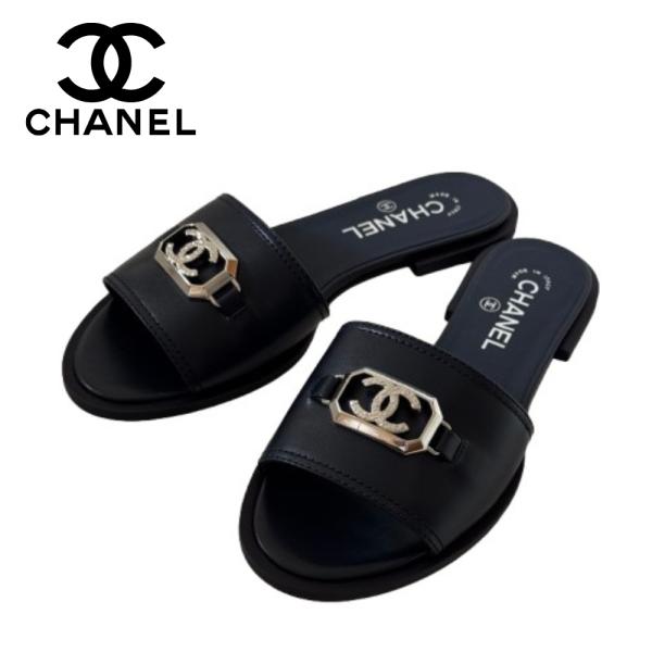 シャネル【新品】 直営店購入  サンダル ミュール ネイビー 紺 サイズ37C 日本サイズ 約24〜...