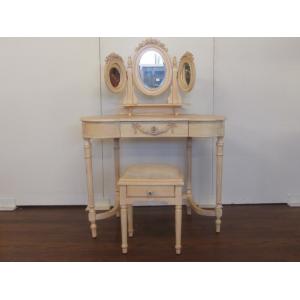 【送料無料】アンティーク調 　三面　ドレッサー　シャビー　アイボリー