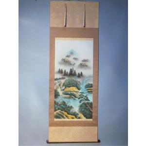 【送料無料】掛け軸 彩色山水 尺八 紙箱付 掛軸 年中掛け 吉祥軸 床の間 贈答品 プレゼント