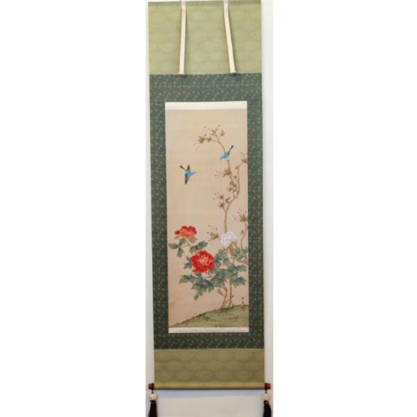 【送料無料】掛軸 開花之図　花鳥 牡丹　桜　一年中掛け　掛け軸　桐箱プレゼント