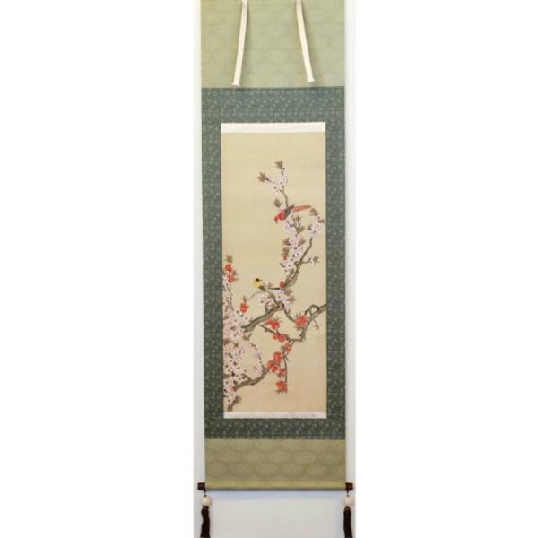 【送料無料】花鳥　開花之図 紅白梅　掛け軸　　桐箱プレゼント