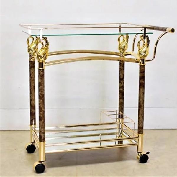 ワゴン ゴールド ウォールナット調 ガラス天板 キャスター付き アンティーク クラシック 輸入家具 ...