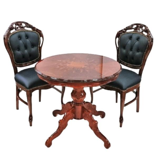 イタリア製 象嵌入り ダイニングセット 3点 80cm 円型 オーバル 一本脚 クラシック家具 送料...