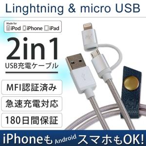 Hy+ MFI認証済 2in1ライトニング(Linghtning) ケーブル＆Micro USB 充電ケーブル 1M シルバー HY-IPCH1-SV(コードホルダー付き) 断線しにくいナイロン素材編み