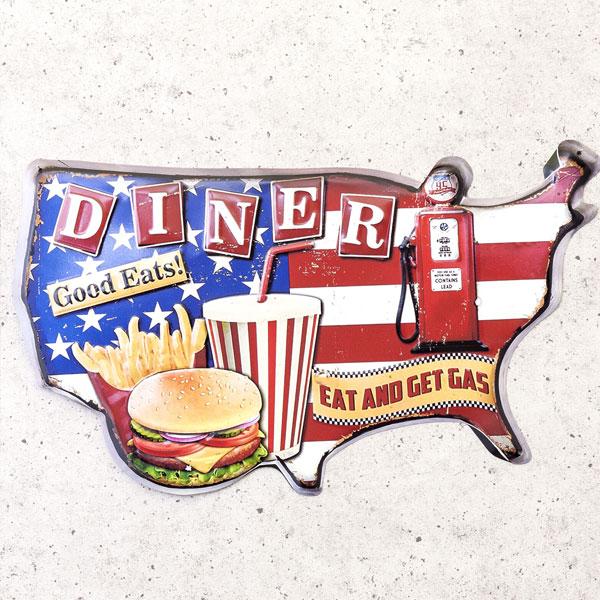 看板 アメリカン雑貨 アンティークエンボスプレート DINER Eat and get Gas 店舗...