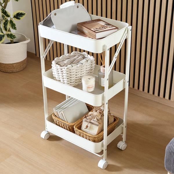 キッチンワゴン バスケット 3段 トローリーラック おりたたみ 収納ワゴン キッチンラック 折りたた...