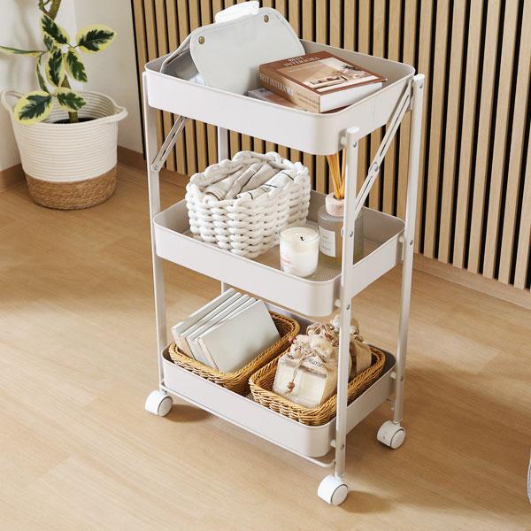 キッチンワゴン バスケット　グレージュ　3段 トローリーラック おりたたみ 収納ワゴン キッチンラッ...