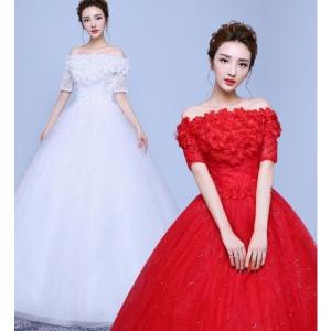 ロングウエディングドレス花嫁ボリュウムフリルドレス結婚式二次会パーティー披露宴フォマールカラードレスベールパニエブローグ付