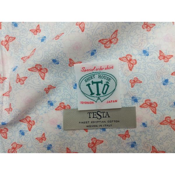 フルオーダーシャツ綿１００％赤青プリント蝶柄テスタイタリア製(i000182)