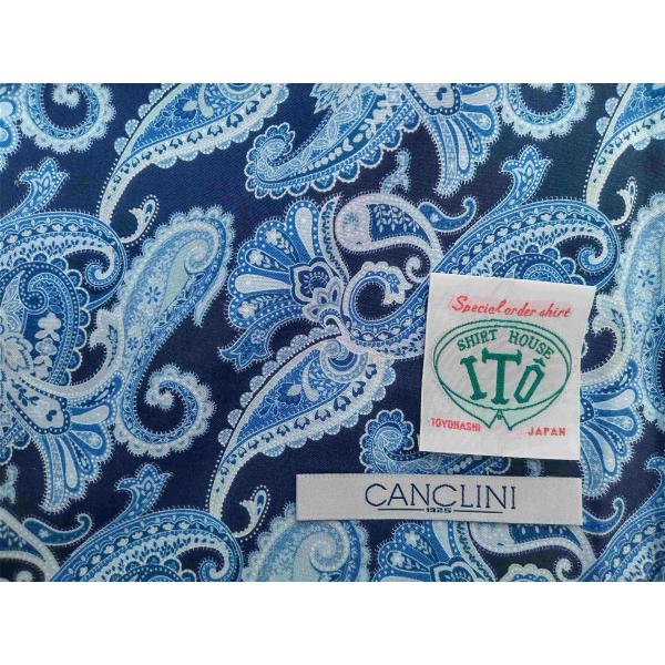 フルオーダーシャツ綿１００％紺地ブルー系ベイズリープリントカンクリーニイタリア製(i000215)