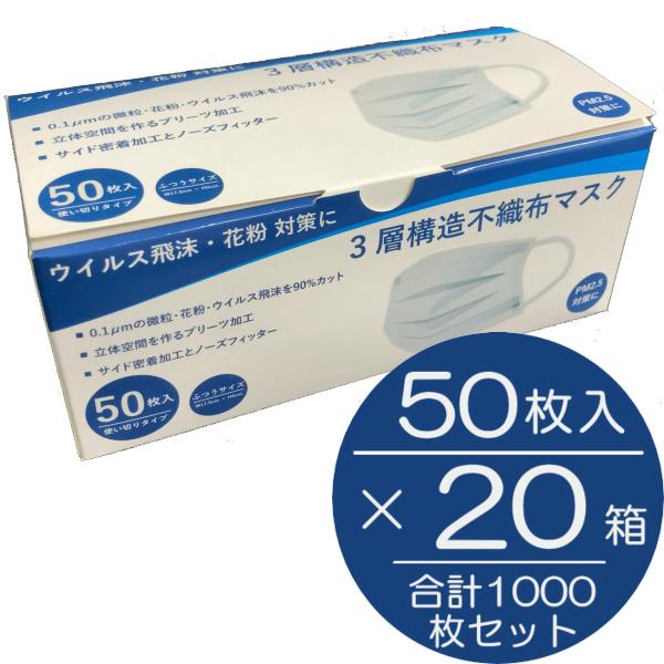 【1000枚】3層構造 不織布マスク 50枚×20箱セット | 立体空間を作るプリーツ加工 W17....