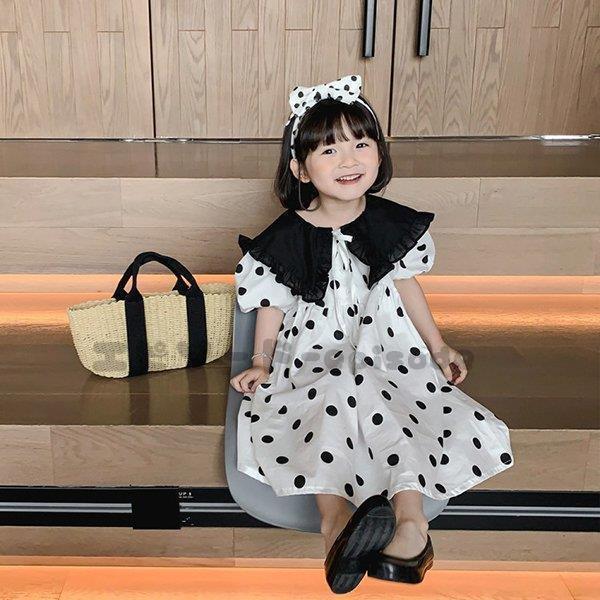 子供服 ワンピース キッズ 女の子 春夏 半袖ワンピース 折り襟 水玉 韓国子ども服 子供ドレス 結...