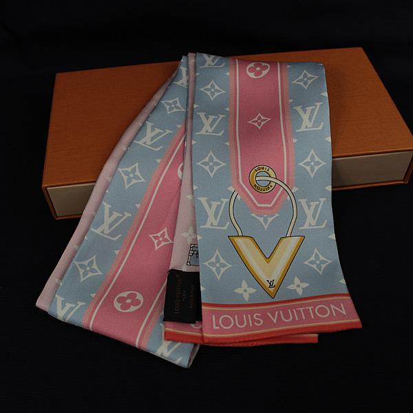ルイヴィトン  ツイリー　スカーフ　モノグラム　ピンク系×水色系　　極美品　LV　q958