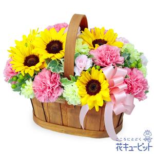【誕生日フラワーギフト】花キューピット 女性 男性 彼氏彼女 夫妻 父母 ギフト プレゼント ひまわりのハーモニーバスケット（ピンク）