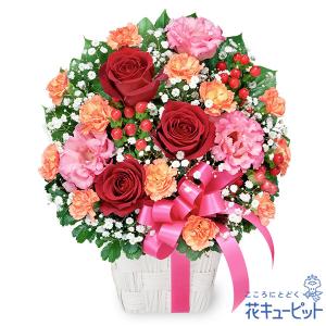 【誕生日フラワーギフト】花キューピット 女性 男性 彼氏彼女 夫妻 父母 ギフト プレゼント ピンクリボンの華やかなアレンジメント