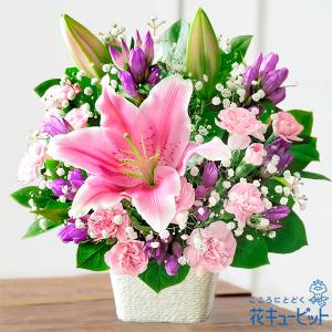 【お祝い】花キューピット 敬老の日 誕生日 記念日 結婚祝い 歓送迎 還暦 開店開業 卒業入学 生花 ピンクユリのバスケット
