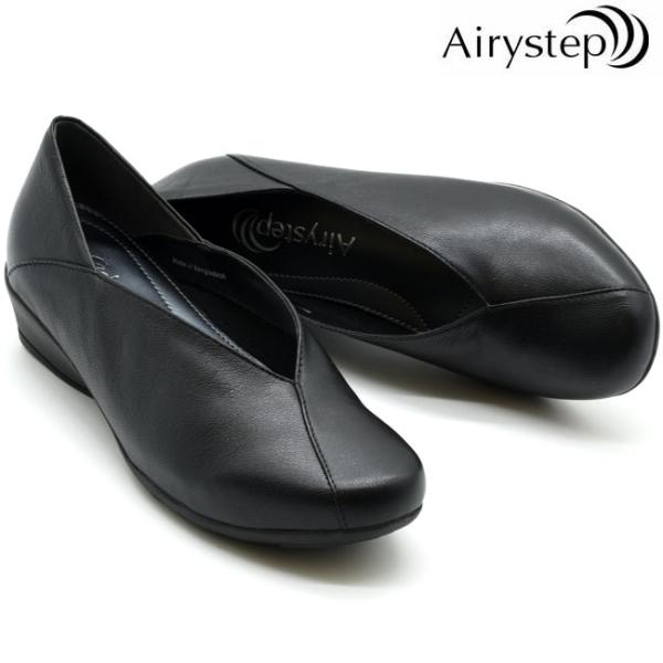 パンプス レディース ブラック 黒 エアリーステップ Airy step ペタンコ ローヒール 本革...