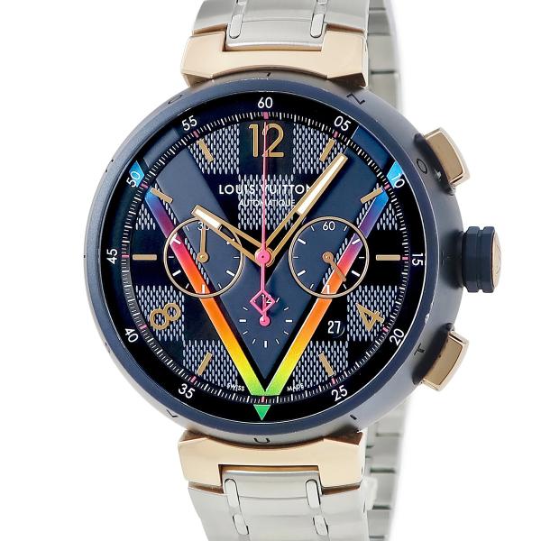 【3年保証】 ルイヴィトン タンブール クロノグラフ ダミエ コバルト Vレインボー QA129 K...