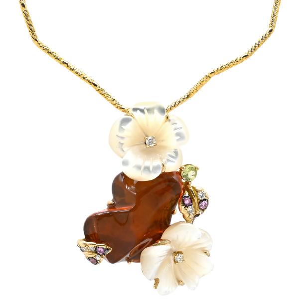 ネックレス オパール ペンダント オレンジ 白×オレンジ×YG ダイヤ シェル マルチストーン 花 ...