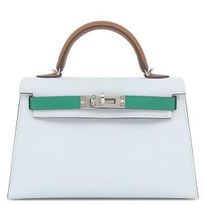 エルメス 2WAYバッグ ケリー ミニケリードゥ 外縫い ヴォーエプソン ブルー 水色×緑×茶 ショルダー トリコロール U