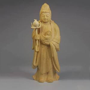 木彫り仏像 【守り本尊】鬼子母神 子育安産 （高さ12.5cm、幅4ｃｍ ）桧木製高級木彫り ◆彫刻...