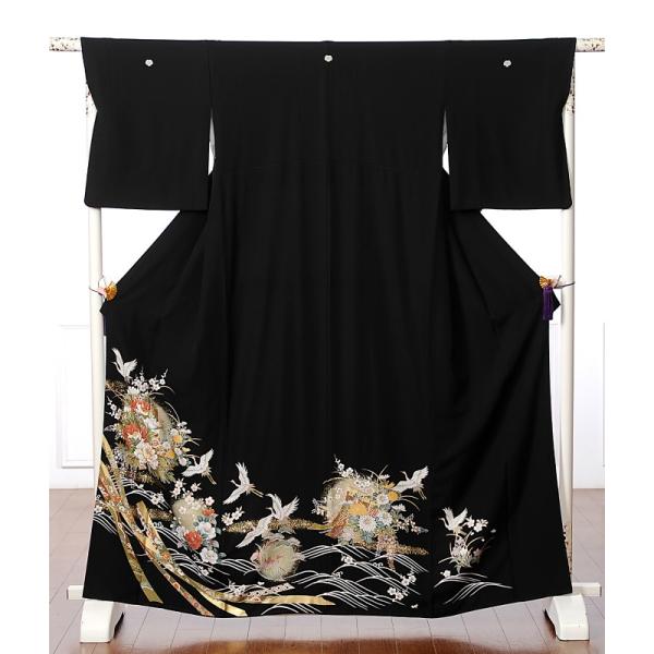 留袖 レンタル 黒留袖 フルセット 着物 結婚式 貸衣装 祝鶴 牡丹 菊 流れ熨斗 花車 爆買